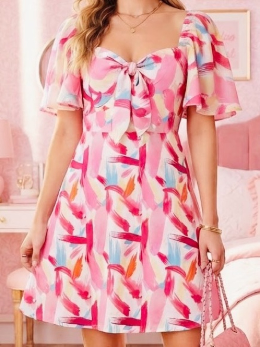 Pink Brushstroke Tie-Front Mini Dress